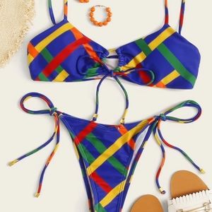 🏖Lace Up Geometric Top with Tie Side Bottoms Set